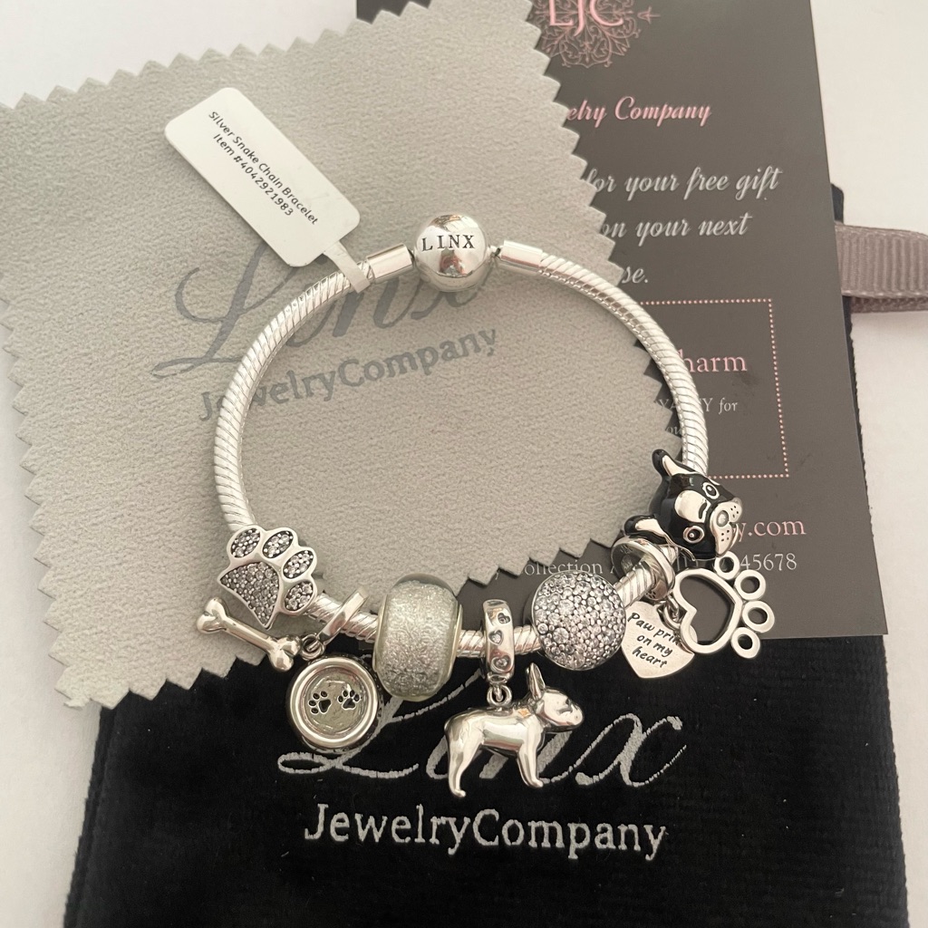Linx Snake Chain Bracelet With Boston Terrier Themed Charms 925 Sterling Silver